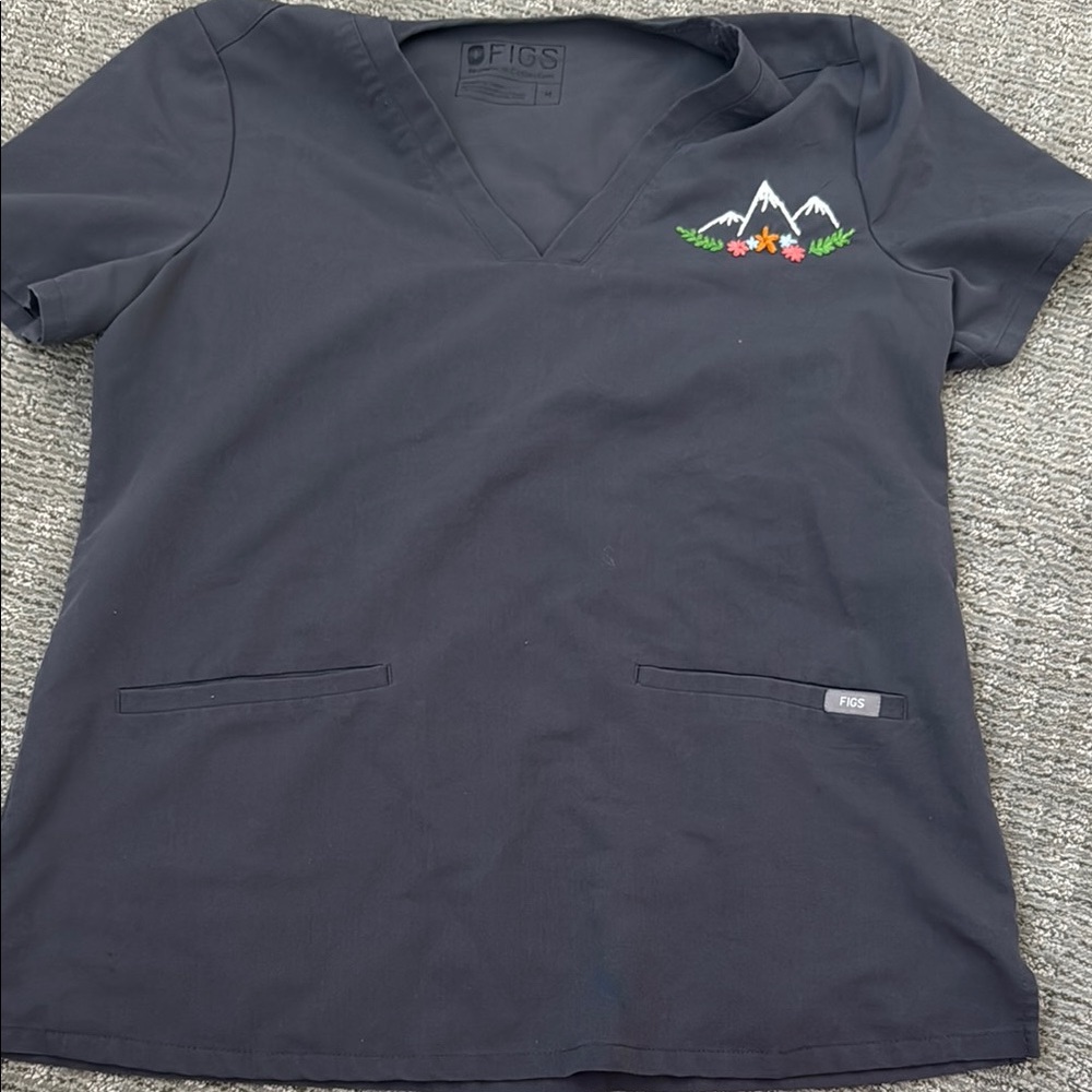 Figs Gray Scrub Top with Embroidered Design